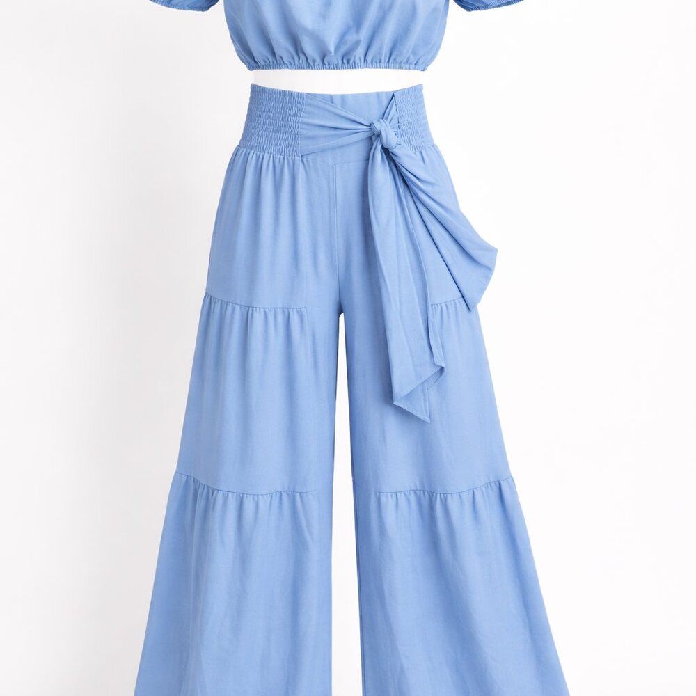 Sky Blue Boho 2-Piece Set - Off-Shoulder Crop Top & Wide Leg Pants